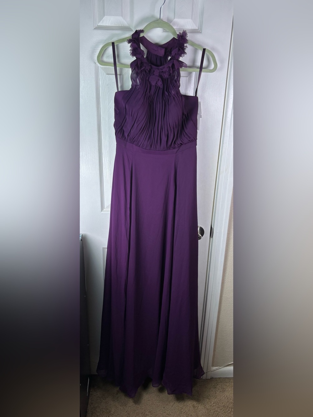 Morilee Elegant Purple Halter Maxi Dress with Floral Neckline